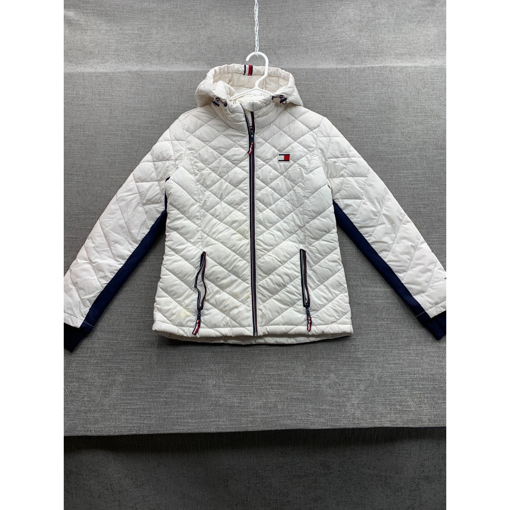Tommy Hilfiger Puffer Jacket Womens Small White Quilted Packable Hooded Full Zip